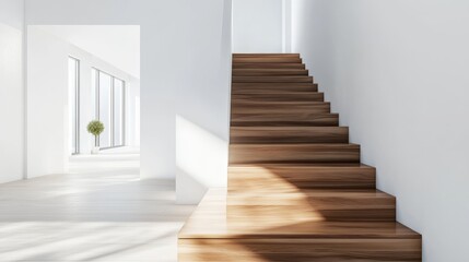 Obraz premium 111.A contemporary wooden staircase leading up inside a white modern house. The steps are made of smooth, polished wood, and the clean, white walls reflect light, enhancing the sense of space and