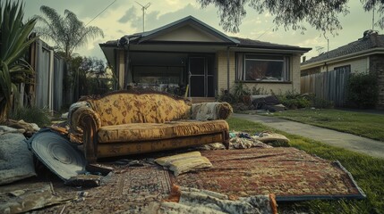 Fototapeta premium 54.A close-up of discarded household items like an old sofa and rugs piled on the front yard, awaiting pickup for waste collection. The image captures the clutter and mess, with the peaceful