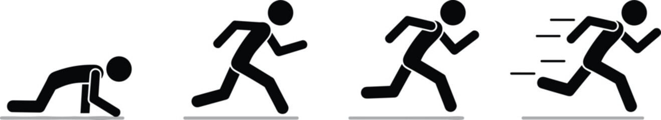Four black running figures showing progression from start to speed on white background Keywords