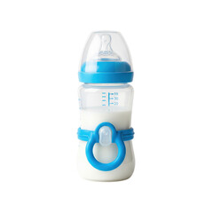 Obraz premium This essential baby bottle, filled with nutritious milk, features a clear body, blue cap, and an ergonomic handle, perfect for infant feeding.