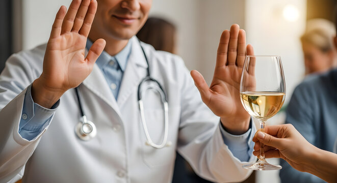 A doctor in a white coat raises a hand to refuse a glass of white wine offered by another person - Powered by Adobe