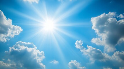 67.Sunbeam With Haze On Blue Sky. Beams With Clouds. Sky With Sun Coming With Clouds.