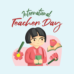 Teacher Day with Bright Cute Cartoon People, Stationery Element and Background
