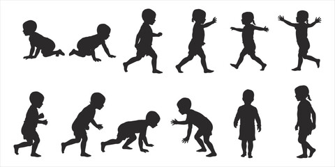 Sequence of baby's developmental milestones from crawling to walking and standing child silhouette