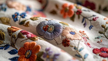 Close-Up of Detailed Floral Embroidery on Cream Fabric