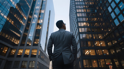 Confident businessman looking up at modern office buildings downtown