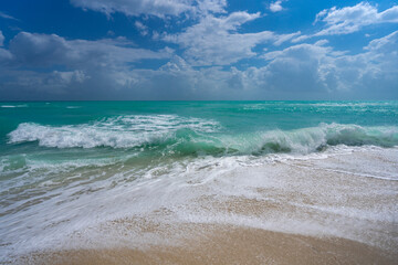 Tranquil sea wave motion. Summer sea breeze. Sea nature backdrop. Peaceful holiday destination. Dreamy ocean horizon. Coastal sea paradise wallpaper. Seafoam waves. Scenic tropical travel.