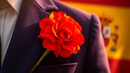 A red carnation on a blue velvet jacket, bathed in golden light, embodying the spirit of Spain National Day.