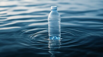 57.A plastic bottle drifts on a water surface, with the calm water creating gentle ripples around it. The image draws attention to the environmental problem of plastic waste, emphasizing the need for