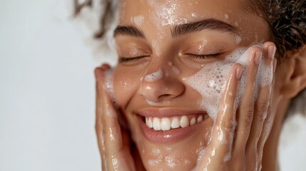 48.A close-up portrait of a woman washing her face with a cleansing gel, her face glowing and her eyes closed in enjoyment. She smiles as she massages the gel into her skin, radiating a sense of