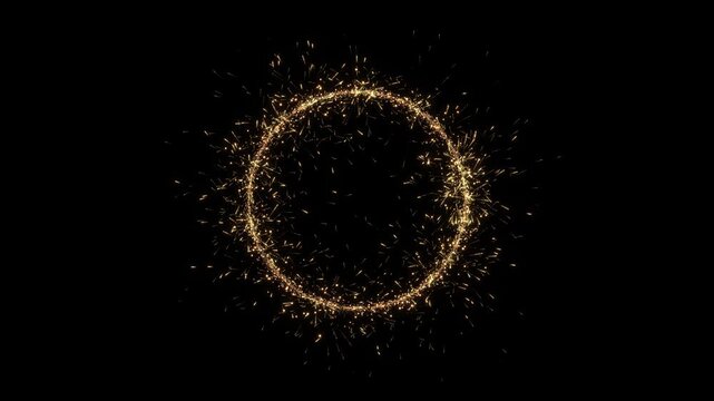 Festive luxury golden glitter spark circle sparkling light circle geometric luxury spin ceremony black particles glowing background, 4k presentations, and special events awards ceremony. 3D