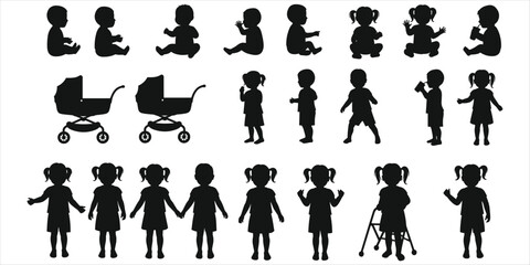 Silhouettes of babies, toddlers, strollers and walker on white background Keywords: baby, child
