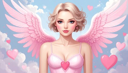 Beautiful angel girl with pink wings