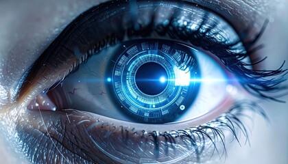 Closeup of a Glowing Blue Cybernetic Human Eye with Holographic Interface
