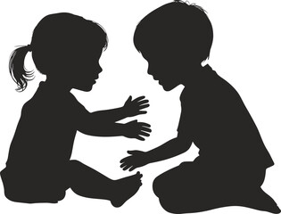 Two babies silhouettes playing together on white background Keywords: silhouette, babies, children