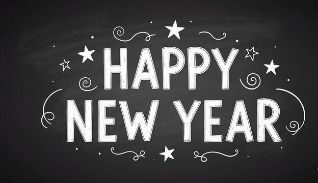 Happy New Year message on chalkboard festive celebration design with stars and swirls perfect for holiday greetings and announcements
