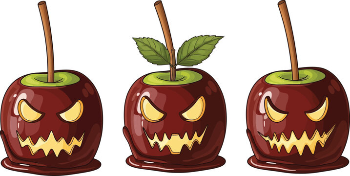 Three sinister caramel apples with carved jack-o'-lantern faces, ready for a spooky halloween treat
