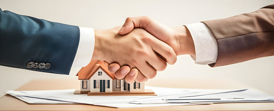 Real estate handshake sealing home buying contract with model house, property ownership concept symbolizing housing investment, successful agreement, and mortgage deal.