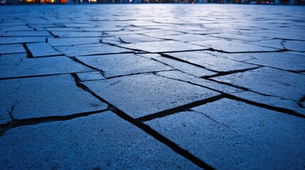 Cracked pavement at dusk with city lights in the background, showcasing urban decay and resilience