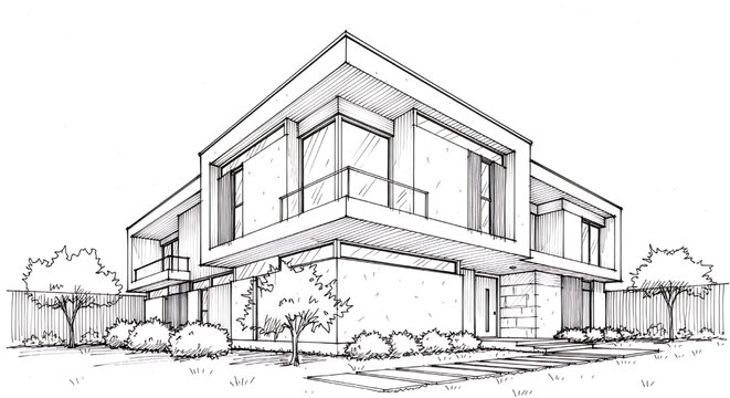 An architectural sketch of a modern, angular house with large glass windows.