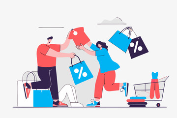 Happy shoppers celebrating online shopping sale with many bags and discounts