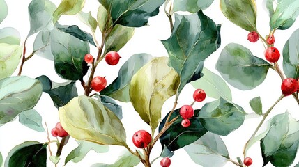 Watercolor painting of holly leaves and berries.