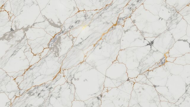 Elegant white surface with subtle gray patterns and striking golden veining creates a refined and luxurious stone texture