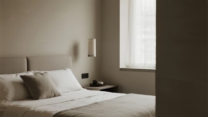Minimalist Bedroom with Neutral Tones and Soft Lighting