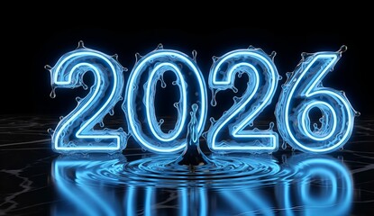 Glowing neon 2026 new year design futuristic blue light effect reflecting on water surface against a dark background