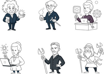Famous scientists cartoon illustration, historical inventors characters, science and innovation icons, educational technology art, genius thinkers, STEM concept clipart