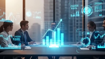 Business professionals in a modern meeting room analyzing holographic financial data and growth charts for strategic planning. - Powered by Adobe