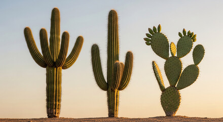 Arizona's Towering Guardians A Trio of Cacti Silhouetted by the Desert Sunrise