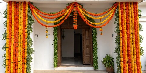 Vibrant marigold flower garlands decorating a festive entrance