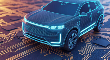 Future of Automotive Technology A Glowing Car Design on Circuit Board Background