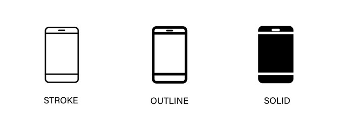 Phone icons for technology, devices, ui design, contact, smartphone, mobile. Vector stroke, outline and solid icons. EPS10.