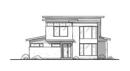 A clean and simple architectural line drawing of a modern, two-story house.