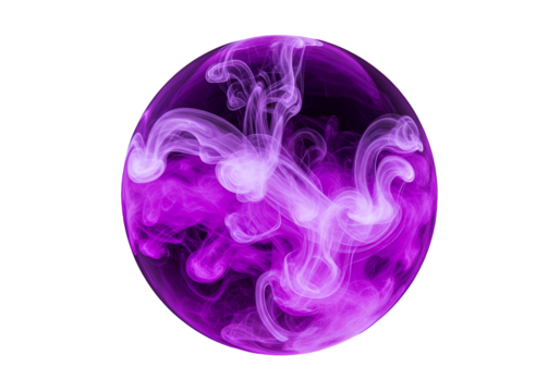 A vibrant, purple sphere of swirling, ethereal smoke fills the image against a stark black background.