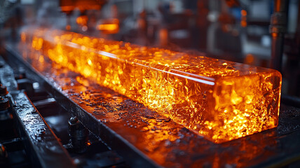 Molten Glass Block on Conveyor Belt in Factory