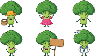 Adorable cartoon broccoli characters in various outfits and poses, perfect for healthy food education, kids materials, and vector illustrations.