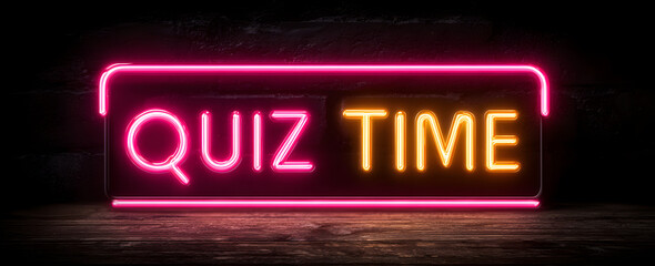 Obraz premium Pink neon sign with glowing Quiz Time text, modern nightlife design concept suitable for quiz events, entertainment posters, digital ads, and vibrant promotional artwork.