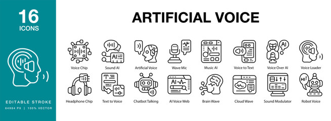 Artificial Voice icon set. Includes technology, voice, ai, digital, assistant, and More. Editable Stroke Icon Collection.