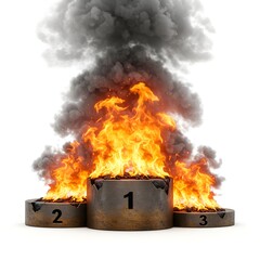 Obraz premium A distressed podium engulfed in flames and billowing smoke against white backdrop.