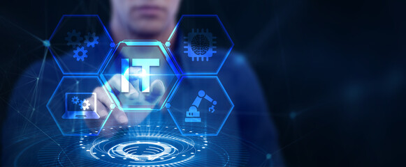 IT consultant presenting tag cloud about information technology.