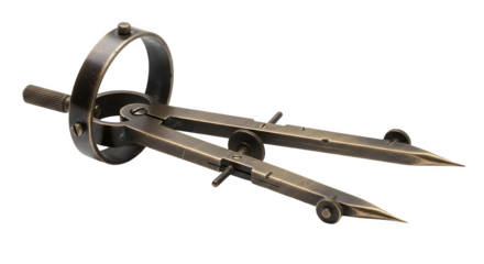 Antique brass drawing compass isolated on transparent background, a vintage tool for precision geometry, engineering, and architectural drafting