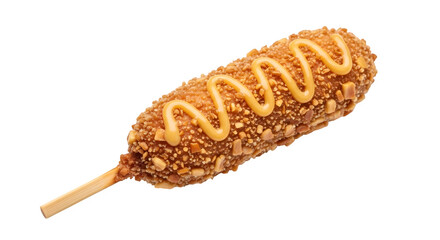 Delicious korean corn dog with crispy coating and mustard drizzle, isolated on transparent background a popular street food snack with sweet and savory flavors