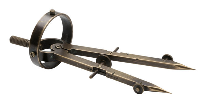 Antique brass drawing compass isolated on transparent background, a vintage tool for precision geometry, engineering, and architectural drafting