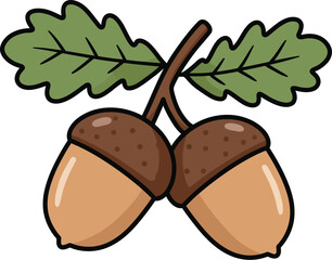 Cartoon Illustration of Two Acorns with Green Oak Leaves for Autumn and Nature Design