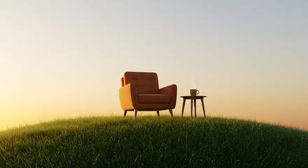 Orange Armchair with Steaming Cup on Grassy Hill at Sunrise