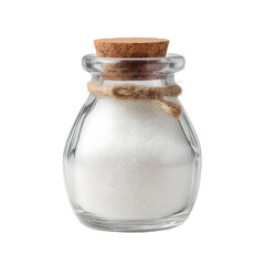 Elegant glass jar with cork stopper filled with white powder on black background
