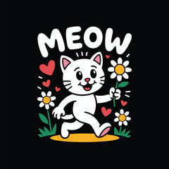 Cute Cartoon Cat with Flower and Hearts T Shirt Design